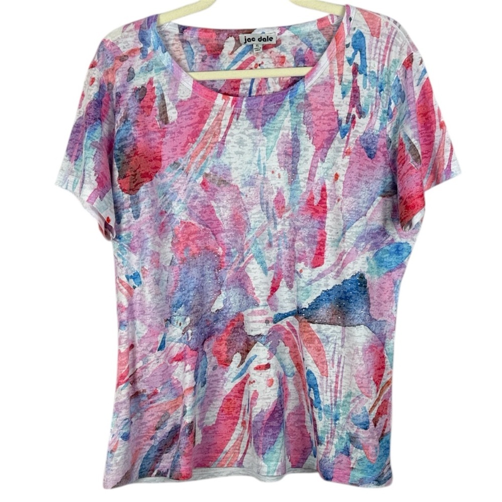 Jac Dale Abstract Multicolour Watercolour Beaded Round Neck Short Sleeve XL Top